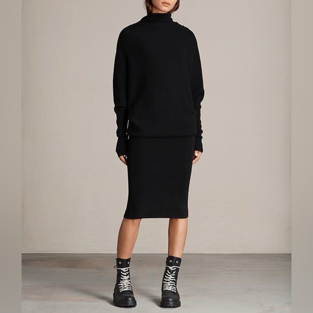 Allsaints Ridley Wool Cashmere Cowl Neck Dress Gray Black Rib Knit Sweater Large